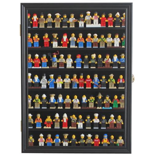 Minifigure Display Case - Building Block Toy Wall Cabinet Showcase for Small Miniature Collectibles Mini Brands Thimbles, Lockable UV Protection Door (Black Finish Frame)