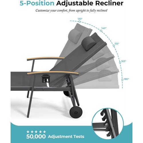 Ciokea Outdoor Lounge Chair with Pillow, 5-Position Aluminum Chaise Lounge with Wheels & Armrests, 400 lbs Heavy Duty Patio Pool Chair for Deck, Backyard, Beach & Poolside, Grey