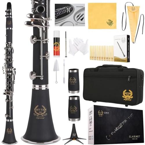 Rhythm Bb Clarinet 17 Nickel Keys Woodwind Band & Orchestra Musical Instruments for Beginners Includes Case, Stand, 10 Reeds and Cleaning Kit-Black/Silver keys