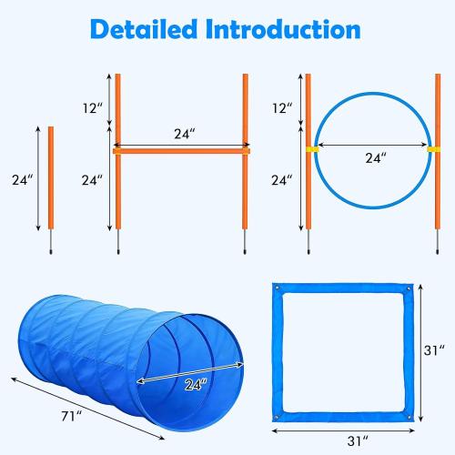 XiaZ Dog Agility Course Backyard Set, Dog Obstacle Course Training Starter Kit Pet Outdoor Game with Tunnel, Agility Hurdle, Weave Poles, Jump Ring, Pause Box, Collapsible Dog Bowls and Storage Bag