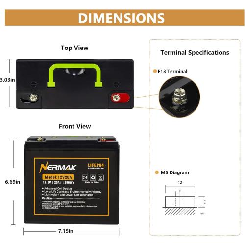 12V 20Ah Lithium LiFePO4 Deep Cycle Battery, 2000  Cycles Lithium Iron Phosphate Rechargeable Battery for Solar Power, Lighting, Outdoor camping, Power Wheels, Fish Finder, Built-in 20A BMS