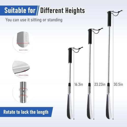 Fanwer Extendable Shoe Horn Long Handle for Seniors, Twist to Lock, 16 to 31Adjustable, Stainless Steel Telescopic Shoehorn for Men Women, Metal Travel Shoe Horn, Shoe Helper Tool