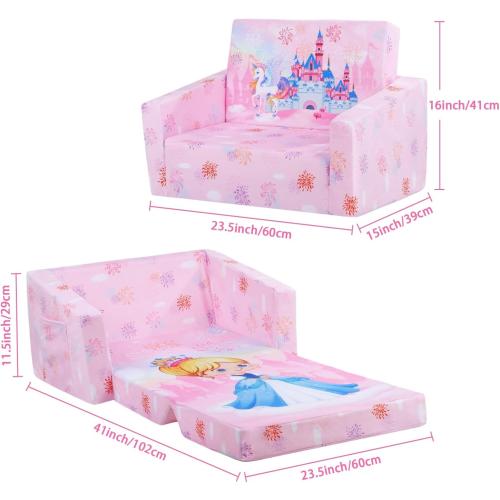 Pink 41L * 23.5W Foldable Kids Sofas Couch 2 in 1 Children Convertible Sofa to Lounger Flip Open Toddlers Sofa Bed