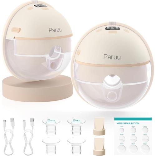 Paruu Hands Free Breast Pump P16, Wearable Breast Pump Electirc Portable with 4 Modes & 12 Levels, Max 309mmHg Strong Suction 19/21/24mm Flange Inserts Wearable Breastfeeding Pump, 2 Pack（Nude
