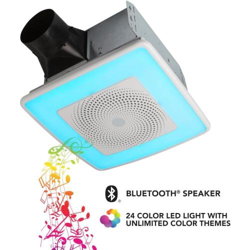 Broan-NuTone ChromaComfort Bathroom Exhaust Fan with Bluetooth Speaker, Powerful 110CFM/1.5 Sones, 24-color LED Light, SPK110RGBL, Wall Switch