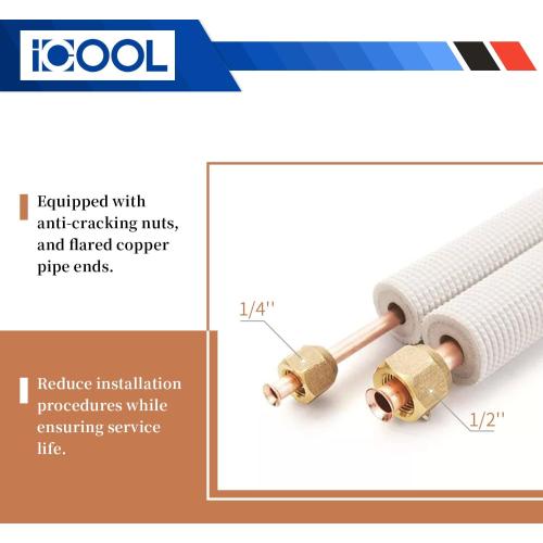 ICOOL 25 Ft. Mini Split Line Set 1/4 1/2 O.D. & 3/8 PE Thickened Insulated Coil Copper Pipes for Air Conditioner HVAC Refrigeration and Heating Equipment, with Fittings