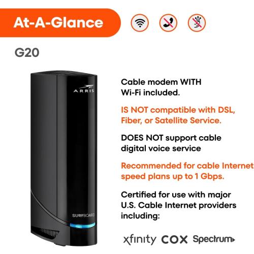 ARRIS (G20) - Cable Modem Router Combo - Fast DOCSIS 3.1 Multi-Gigabit WiFi 6 (AX3000), Approved for Comcast Xfinity, Cox,