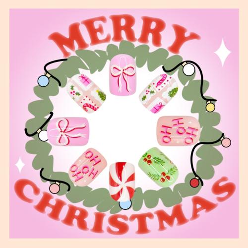 Christmas Press on Nails Candy Fake Nails Pink False Nail with Bow Design Holly Glue on Nails Glossy Full Cover Artificial Acrylic Short Oval Stick on Nail for Women Girls Xmas Manicure 24 Pcs