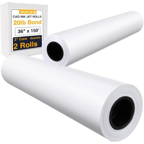 VOISEN Wide Format Paper,2 Rolls Plotter Paper 36 In x 150 Ft, CAD Bond Rolls,20lb,Bond Paper on 2 Core for CAD Printing on Wide Format Ink Jet Printers