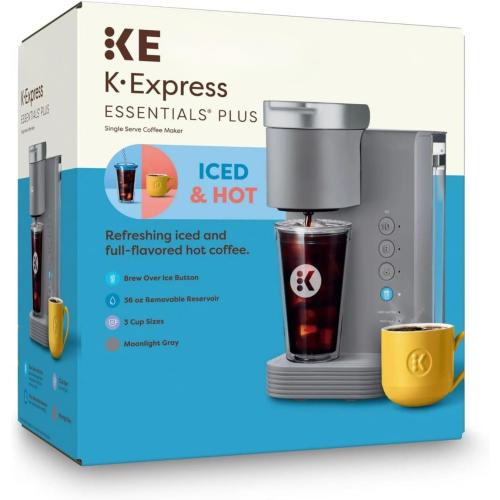 K -Express Essentials Plus Iced & Hot Single Serve Brewer, Adjustable Temp Brew Over Ice, Pods Compatible, Coffee Maker (Gray) NEEDS CLEANING