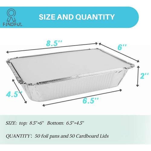 Aluminum Pans with Lids (50-Pack, 8.5×6) 1LB Capacity Foil Food Containers with Lids - 50 Pans and 50 Cardboard Covers - Disposable Tin Foil Pans - for Baking, Meal Prep and Freezer, Takeout