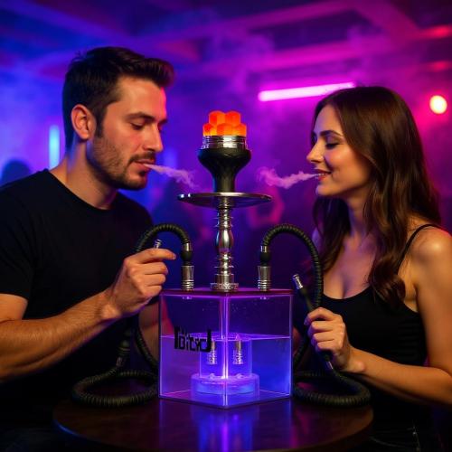 Acrylic Cube 2 Hose Shisha Large Hookah Set with Everything Included, Large Cloud Performance LED Light Hookah Machine, Perfect for Parties & Travel (Purple)