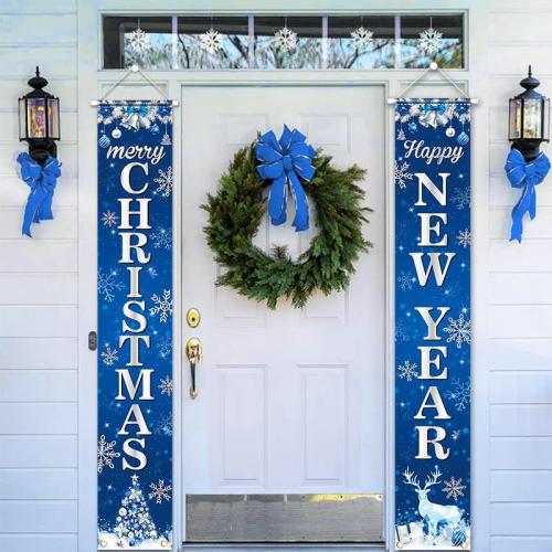 Blue Christmas Porch Banner - Merry Christmas Door Decorations for Blue Holiday Xmas Party