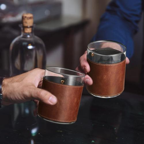 2 Sets Size 11.5 oz Leather Rocks Glasses 11.5 oz Leather Wrapped Whiskey Glasses with Gift Box Glass Sleeve Bourbon Glass Gift for Men Father (Brown)