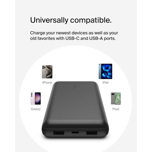 Belkin Portable Charger, USB-C Power Bank 20000 mAh w/ 2 USB-A Ports, 15W w/ Type-A to Type-C Cable - iPhone 17, Air, Pro, Pro Max, AirPods, Apple Watch, Samsung Galaxy S25, Google Pixel 10 - Black