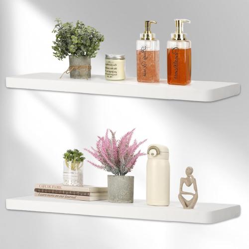 Solid Wood Floating Shelves for Wall, 17Inch Floating Shelves Set of 2, Hanging Shelf with Invisible Brackets, Wood Shelves for Living Room, Bedroom, Kitchen, White