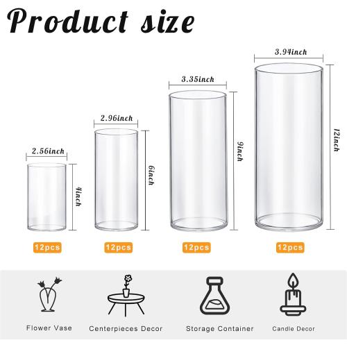 48 Pack Thick Glass Cylinder Vases 4,6,9,12 Inch Tall Clear Flower Vase Hurricane Floating Candle Holder for Table Centerpiece Wedding Home Decor
