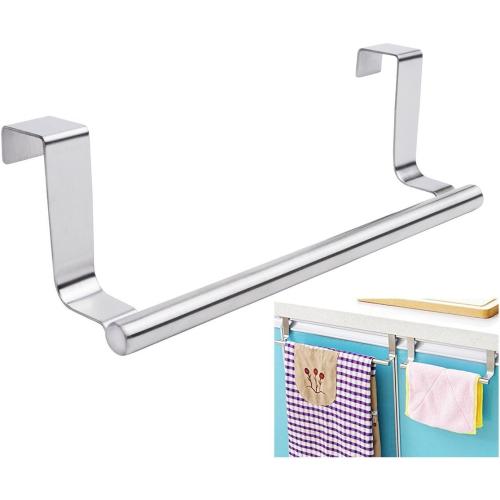 Mziart Modern Towel Bar with Hooks for Bathroom and Kitchen, Brushed Stainless Steel Towel Hanger Over Cabinet (9 inch)