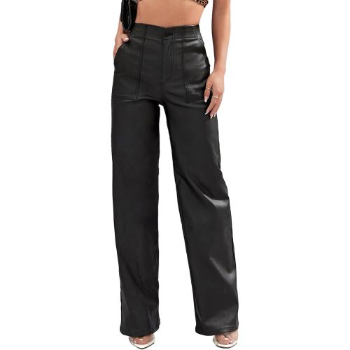 Size S Viligo Faux Leather Pants High Waist Coated PU Button Straight Leather Black Leggings Wide Leg Pants with Pockets