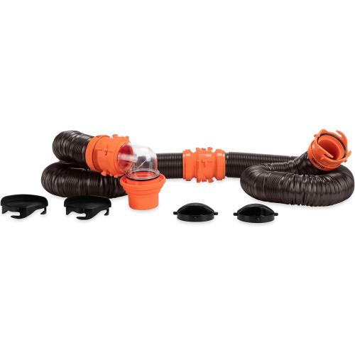 Camco RhinoFLEX Camper/RV Sewer Hose Kit with 4-in-1 Adapter & Clear Elbow, Includes Caps for Convenient Storage, Fits 3″ Slip & NPT Threaded Sewer Connections