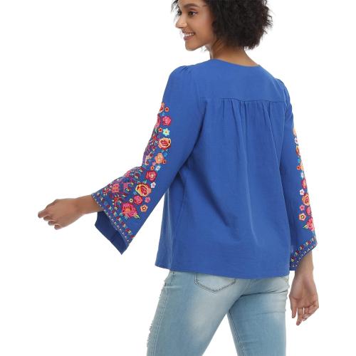 YZXDORWJ Women's Mexican Long Sleeve Blouse Embroidered Traditional V Neck Top Boho Tunic
