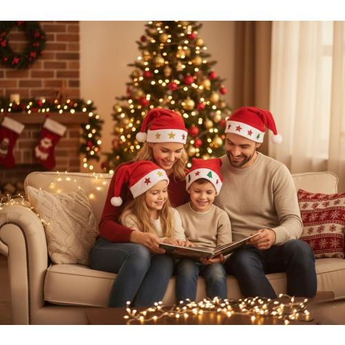 12 Fancy Christmas Santa Hats with 12 Jingle Bell Necklaces Bulk for Christmas Party Favor Photo Booth; One Size Fits All.