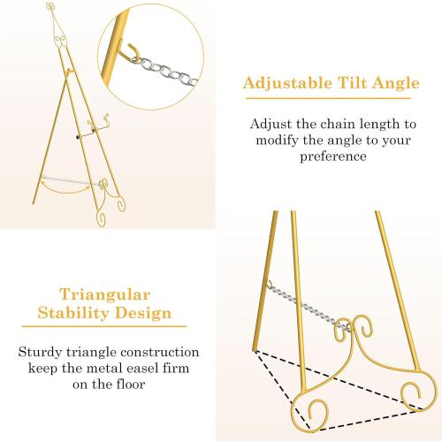 HAITRAL Gold Easel Stand for Sign,Adjustable Display Easel Stand with Chain Support,Heavy Duty Metal Easel for Wedding Sign,Art,Pictures,Paintings, 55 H Welcome Poster Stand Sign Holder Floor Décor