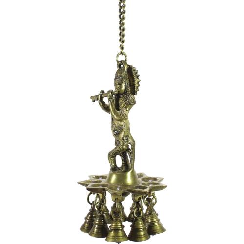 eCraftIndia 'Lord Krishna Playing Flute' Wall Hanging with 9 Oil Wick Diya (Brass, 12 cm x 23 cm, Brown, BGKDB101)