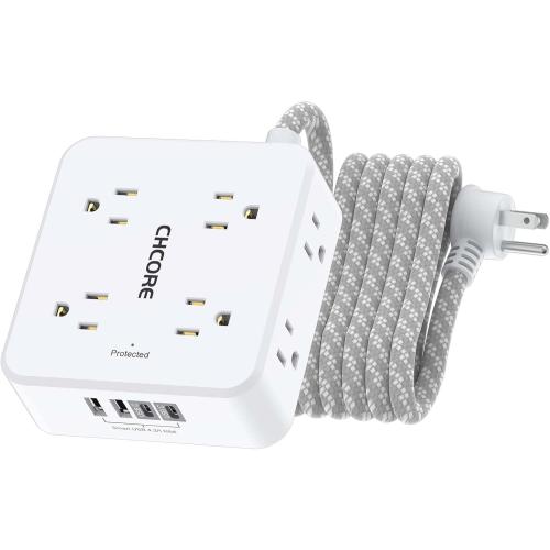 Surge Protector Power Strip - CHCORE 10 Ft Braided Extension Cord with 8 Outlets with 4 USB (2 USB C) Charging Ports, Flat Plug Multi Plug Outlet Extender Charging Station for Home Office, ETL, White