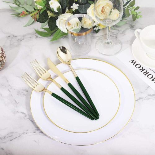 Supernal 180pcs Gold and Green Plastic Silverware Extra Heavy Duty Gold Plastic Cutlery with Green Glitter Handle Disposable Flatware for Parties, Weddings, and Outdoor Events