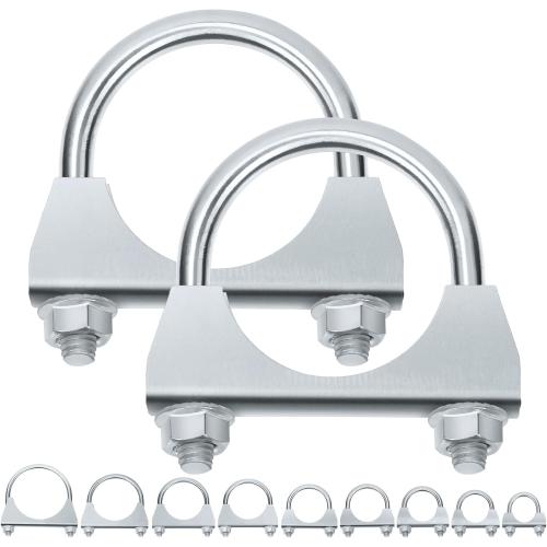 Swpeet 2Pcs Galvanized 2 - 50mm Exhaust U Clamp Kit, Galvanized Muffler U-Bolt Clamps, Universal Heavy Duty U-Bolt Muffler Clamp Ideal for Tip Pipes Connection