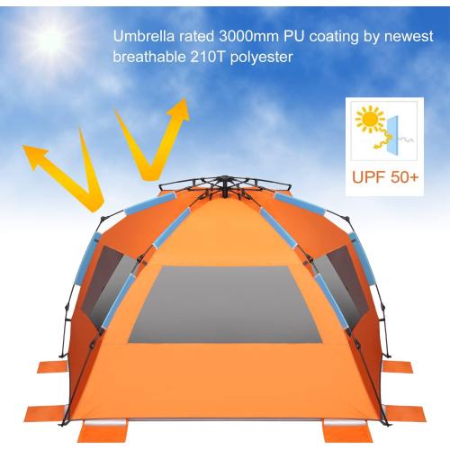 Orange 98.4x55x58Oileus XX-Large Beach Tent Sun Shelter for 5-6 Person Portable Sun Shade Instant Pop Up Tent for Beach with Carrying Bag, Stakes, 6 Sand Pockets, Anti UV for Fishing Hiking Camping, Waterproof