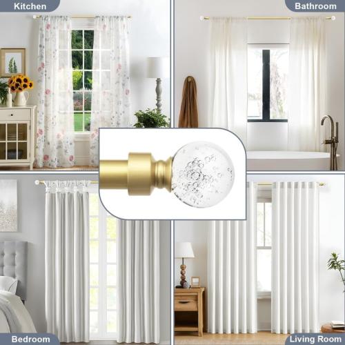 knobelite 2 Pack Gold Window Treatment Single Curtain Rods, Adjustable Curtain Rod from 22 to 48 Inches with Crystal Finial Finials,1-Inch Curtain Rods for Windows