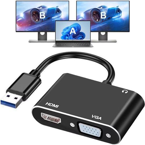 USB 3.0 to HDMI VGA Adapter, USB to VGA HDMI Adapter for 2 Monitors, 1920 * 1080P@60HZ Full HD Display Video Converter Comaptible with Windows 7/8/8.1/10 and Mac OS Systems