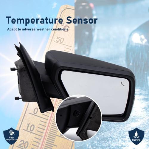 For Ford F150 2021-2024 Door Mirror with Textured Black Cover Manual Folding with Turn Signal Light Puddle Light Power Heated and Blind Spot Glass Temp Sensor 13 Pins Right Passenger Side (W/O Camera)