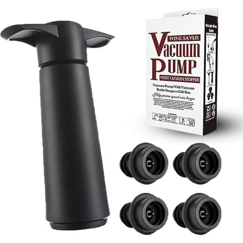 Wine Saver Vacuum Pump with 4 Reusable Stoppers, Wine Bottle Stoppers with Food Grade Silicone, Reusable Bottle Sealer Keeps Fresh Suitable for All Standard Wine Bottles