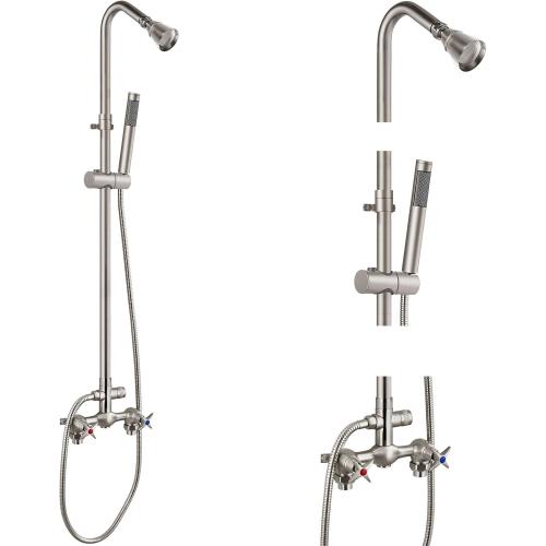 Aolemi Wall Mount Outdoor Shower Kit,Outdoor Shower Fixtures Faucet System with Handheld Spray,Double Handle 6 Inch Center Exposed Shower with Shower Head Brushed Nickel