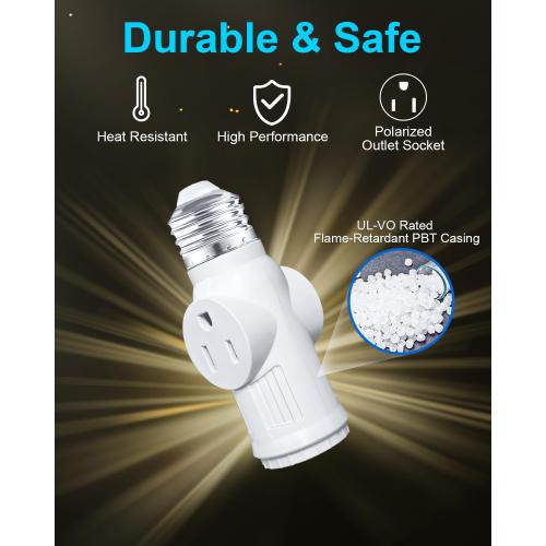 Light Socket to Plug Adapter, Convert E26 to 3 Prong Outlet and Light Bulb Socket, Polarized, for Garage Porch(White, 2)