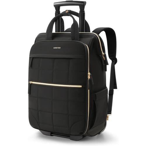 Rolling Puffer Backpack for Women, Wheeled Laptop Backpack, Short-Term Travel Backpack with Wheels, Roller Adults Work Computer Bag, Water Resistant Overnight College Underseat Carry on Luggage, Black