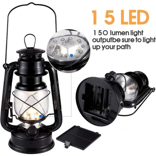Black Vintage LED Hurricane Lantern, Warm White Battery Operated, Antique Metal Hanging With Dimmer Switch, 15 LEDs, 150 Lumen for Indoor or Outdoor Usage (Black)