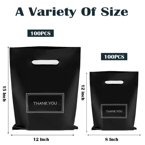 MelonArt Thank You Bags for Small Business, 200pcs Black Plastic Retail Bags Merchandise Bags with Handles Bulk Large Reusable Shopping Boutique Bags 8x12 and 12x15 for Stores Clothes Supplies(Black)
