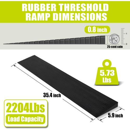 0.8 Rise Rubber Threshold Ramp Doorway, Recycled Solid Rubber Wheelchair Ramp with 2204 Lbs Load Capacity, Temporary Driveway Curb Ramps for Handicap, Door, Scooters (35.4 Lx 5.9 W)