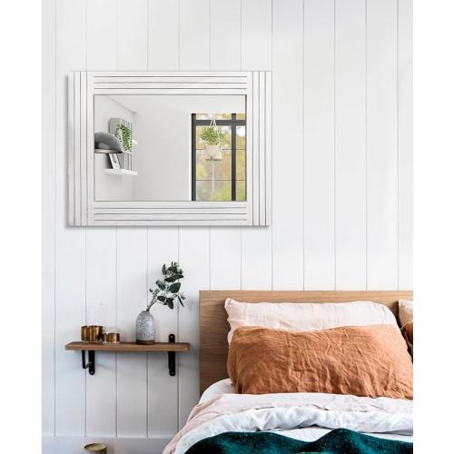 Rustic Wall Mirror, Rectangular Vintage Wood Framed Large Mirror for Living Room, Bathroom, Bedroom & Entrance - White, 26 x 18