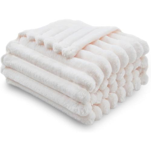 NEWCOSPLAY Super Soft Throw Blanket Ivory Premium Silky Flannel Fleece 3D Ribbed Jacquard Lightweight Bed Blanket All Season Use (Ivory Ribbed, Throw(50x60))