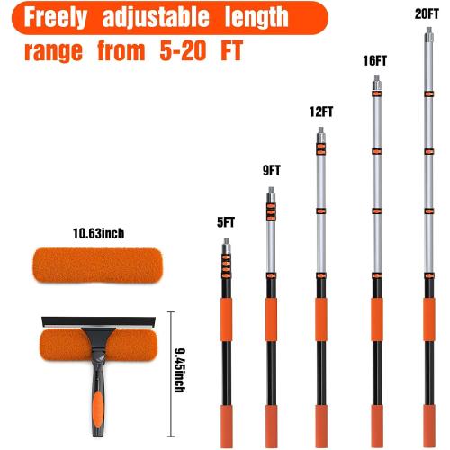 26FT Window Squeegee with Extension Pole, 2-in-1 Squeegee for Window Cleaning, Professional Cleaning Kit for Home with 20FT Telescoping Pole for Outdoor Indoor Use