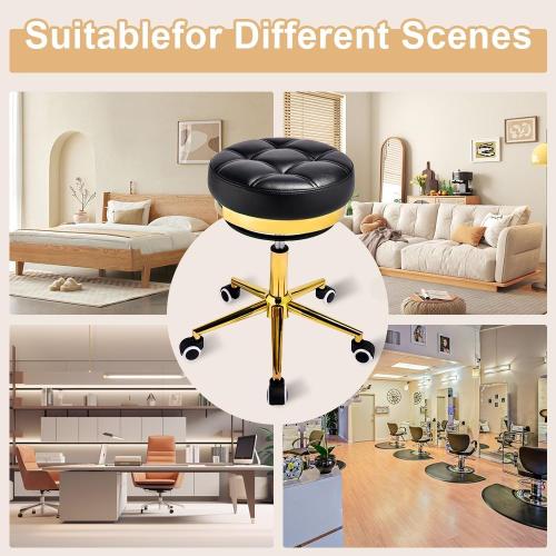 Heavy Duty Gold Rolling Stool - 400 lbs weight capacity,Thickened version cushion,360°adjustable stool with wheels,PU leather with gold rings,swivel stool suitable for hairdressers,bedrooms,spa