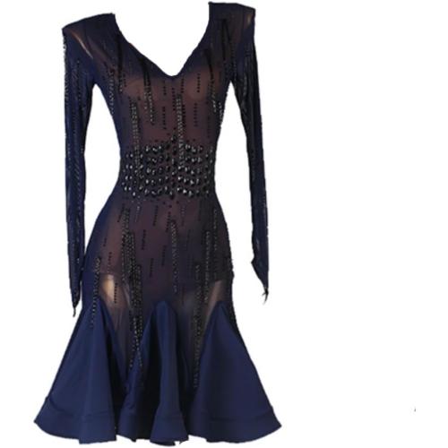 Size XXL Latin Dance Competition Dresses for Women Mesh Ballroom Dance Costume Applique Cha Cha Dance Dress