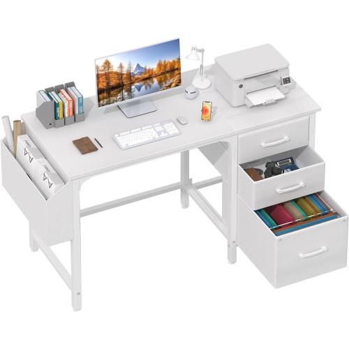 Lufeiya White Desk with Fabric File Drawers Cabinet, 47 Inch Reversible Computer Desk with Filing Cabinet for Bedroom Small Space Home Office, Modern Writing Table PC Desks, White
