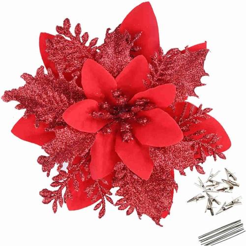 GREENTIME 12 Pcs Glitter Poinsettia 5.5 Artificial Flowers Christmas with Clips Stems Xmas Tree Ornaments for New Year Party Stairs Fireplace Porch Balcony Garden Church Wreath Decoration (Red)