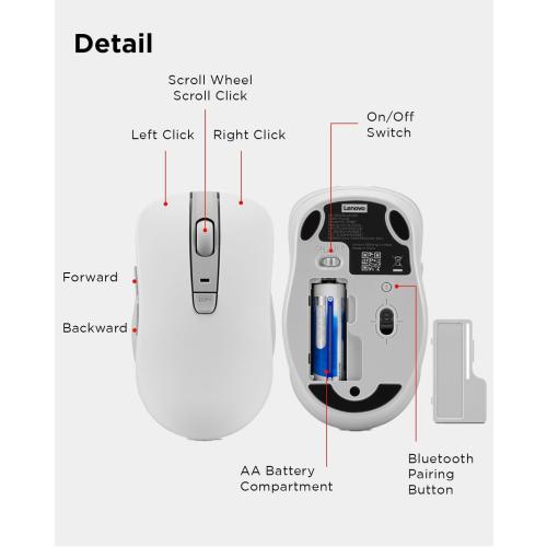 White and Grey Lenovo Bluetooth Silent Mouse (WL300) - 5 Button Computer Mouse with Silent Left & Right Click – Sculpted Grip, Microsoft Swift Pair, Up to 1600 DPI (White)